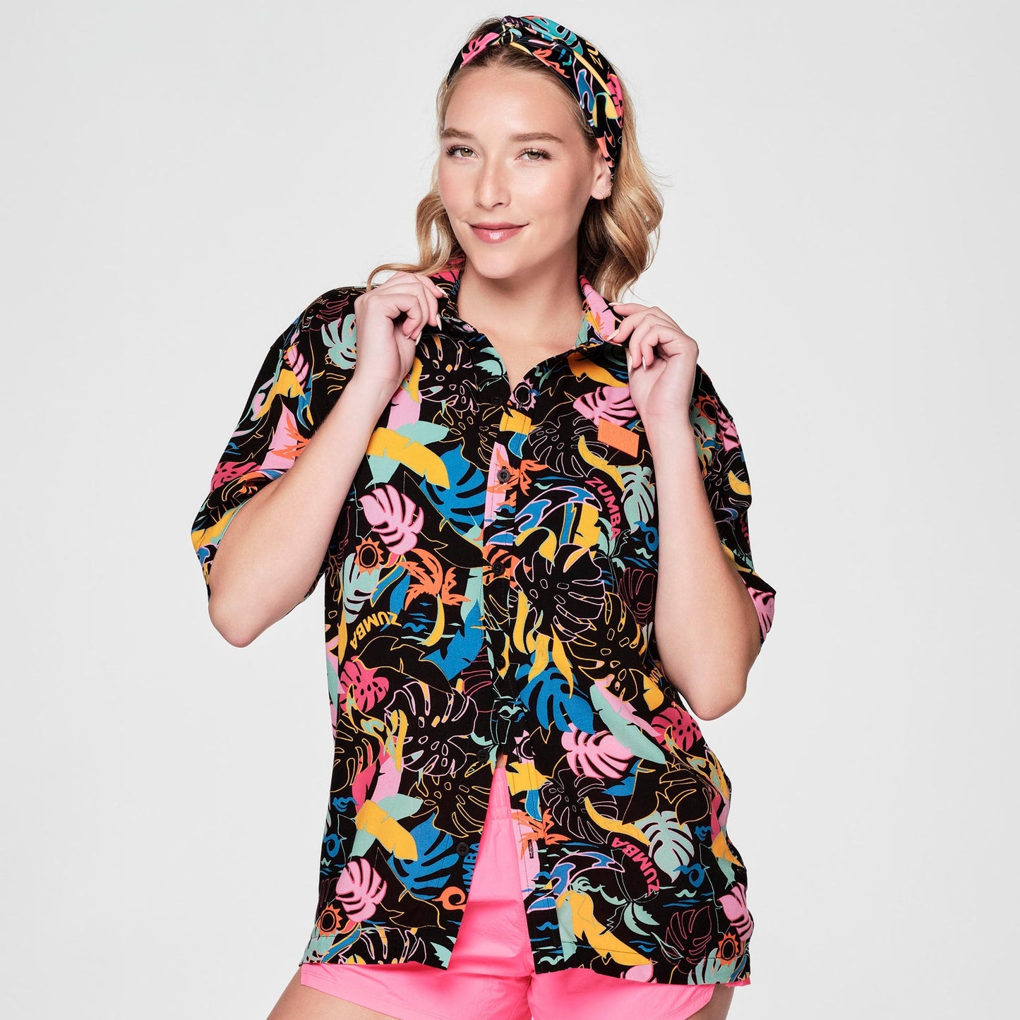 Zumba Palm Party Short Sleeve Button Up